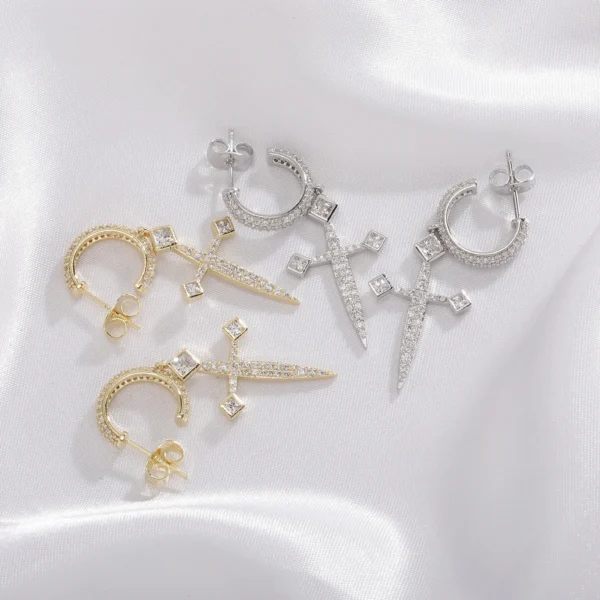 1 pair Hip Hop Dangle AAA CZ Stone Paved Bling Ice Out Sword Cross Drop Earrings for Men Women Unisex Rapper Jewelry - Image 3
