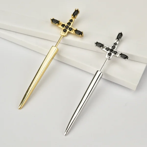FUAMAY Aretes-y-accesori por mayor Mujer Black CZ Sword Earrings Long Black CZ Cross Statement Piercing Earrings - Image 4