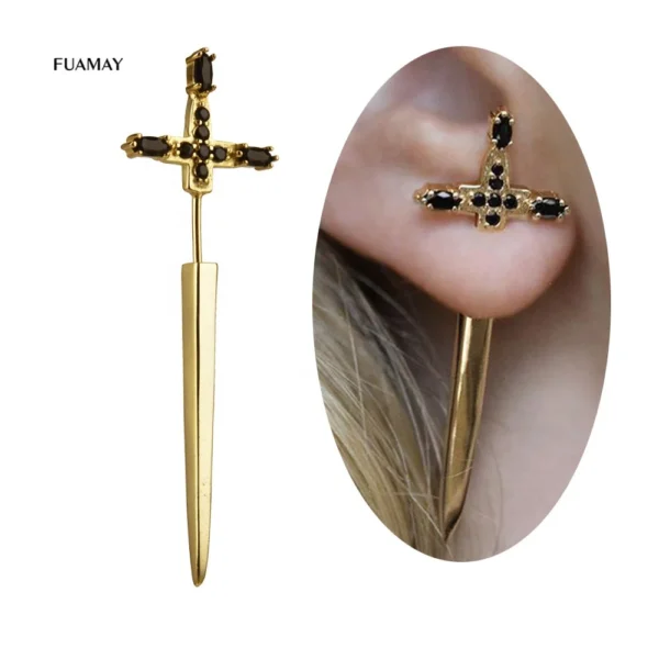 FUAMAY Aretes-y-accesori por mayor Mujer Black CZ Sword Earrings Long Black CZ Cross Statement Piercing Earrings - Image 6