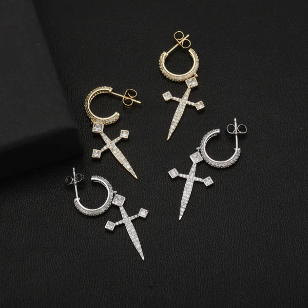 1 pair Hip Hop Dangle AAA CZ Stone Paved Bling Ice Out Sword Cross Drop Earrings for Men Women Unisex Rapper Jewelry - Image 5