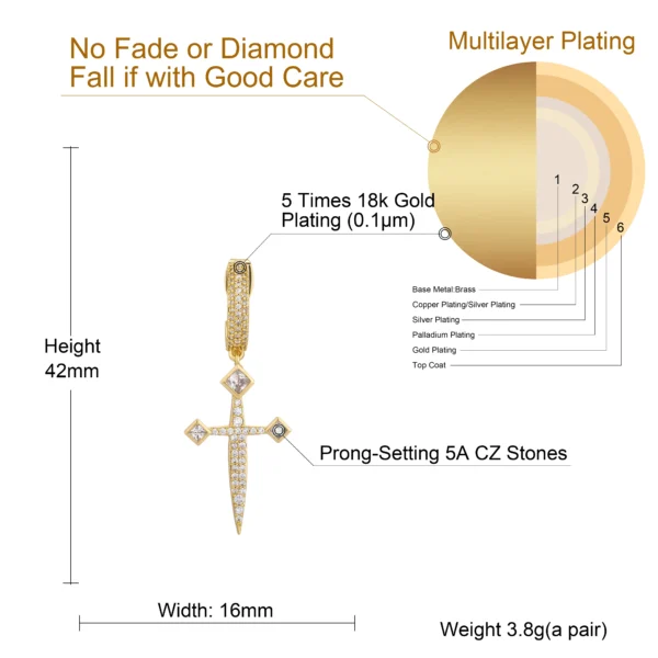 1 pair Hip Hop Dangle AAA CZ Stone Paved Bling Ice Out Sword Cross Drop Earrings for Men Women Unisex Rapper Jewelry