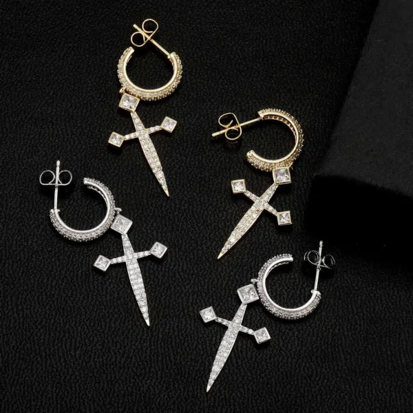 1 pair Hip Hop Dangle AAA CZ Stone Paved Bling Ice Out Sword Cross Drop Earrings for Men Women Unisex Rapper Jewelry - Image 4