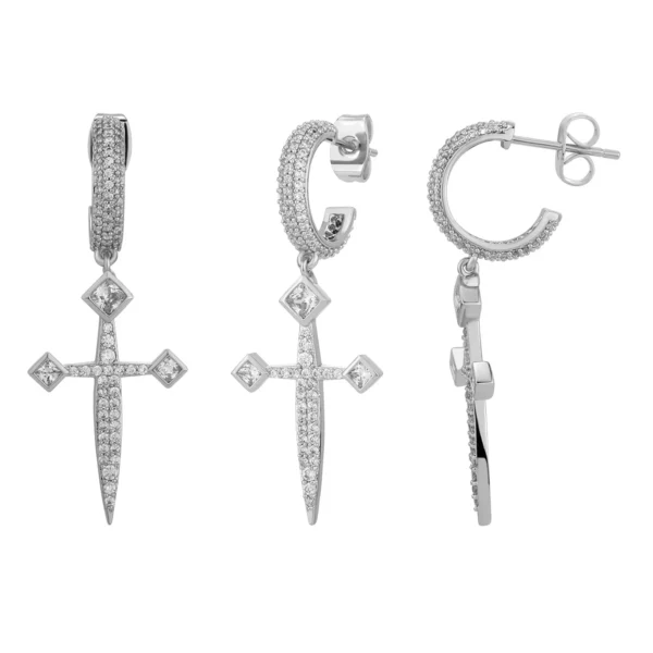 1 pair Hip Hop Dangle AAA CZ Stone Paved Bling Ice Out Sword Cross Drop Earrings for Men Women Unisex Rapper Jewelry - Image 6