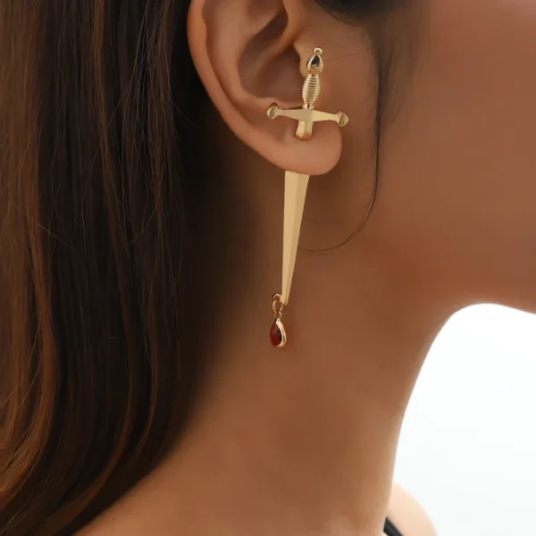 Hip Hop Personality Red Water Drop Large Cross Earrings Long Sword Handle Gold Earrings Statement Earrings - Image 6