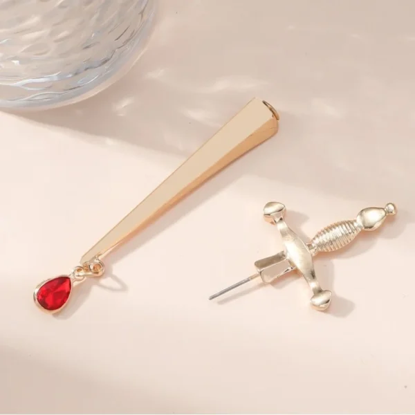 Hip Hop Personality Red Water Drop Large Cross Earrings Long Sword Handle Gold Earrings Statement Earrings - Image 2
