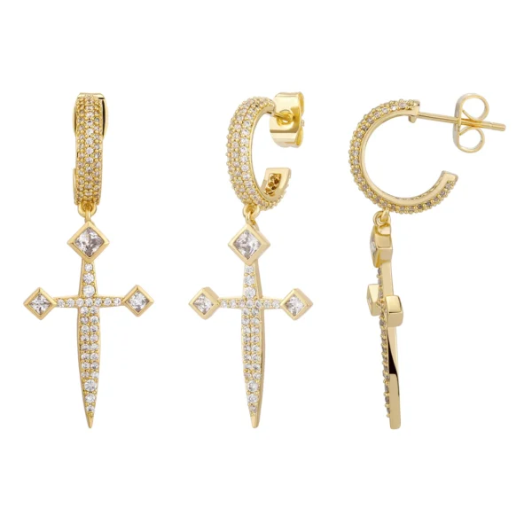 1 pair Hip Hop Dangle AAA CZ Stone Paved Bling Ice Out Sword Cross Drop Earrings for Men Women Unisex Rapper Jewelry - Image 2