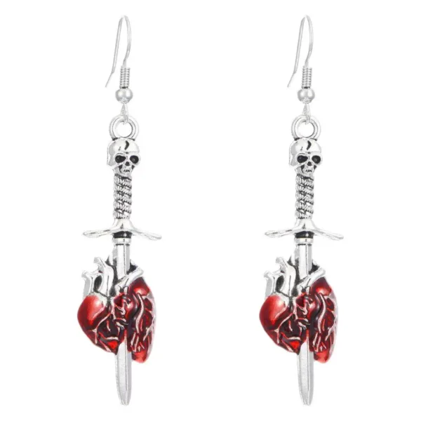 Dark Y2K skull and heart-piercing sword earrings #001 - Image 2