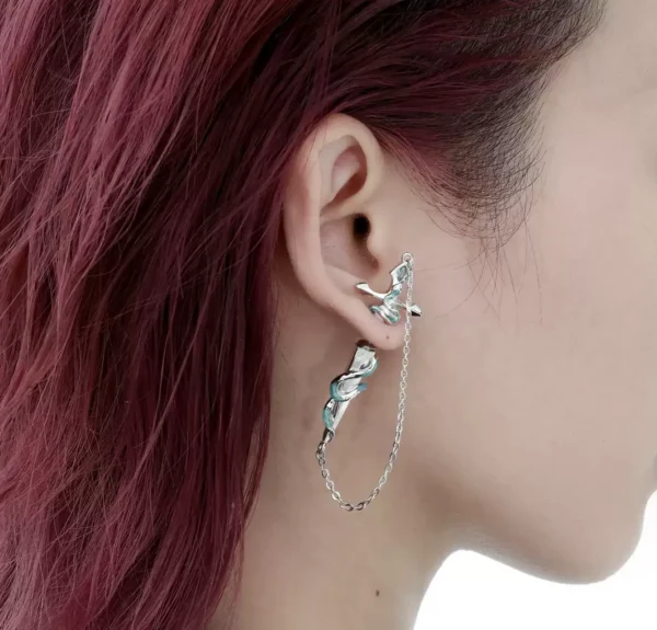 Serpent sword stud earrings with chains #004 - Image 4