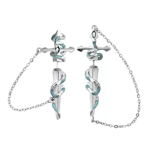 Serpent sword stud earrings with chains #004 - Image 5