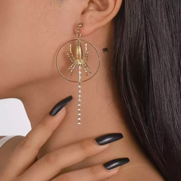 Metallic spider stud earrings with exaggerated claw chain #003 - Image 2