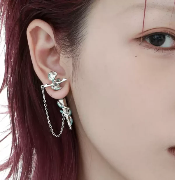 Serpent sword stud earrings with chains #004