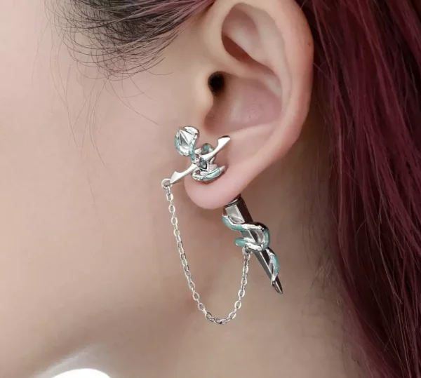 Serpent sword stud earrings with chains #004 - Image 3