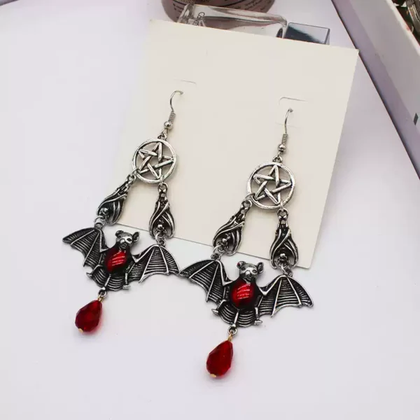 Antique silver Gothic bat earrings with red oil drop #001 - Image 2