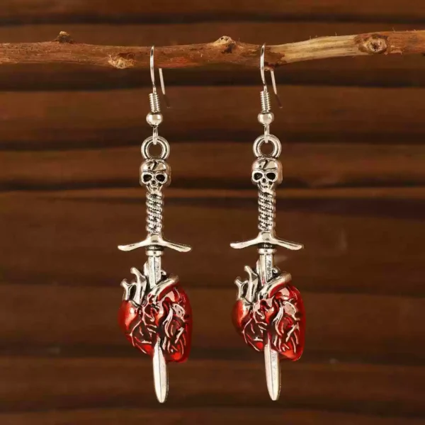 Dark Y2K skull and heart-piercing sword earrings #001