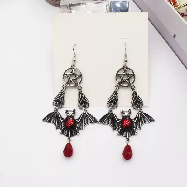 Antique silver Gothic bat earrings with red oil drop #001
