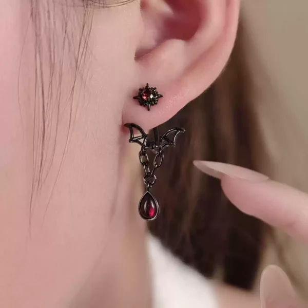 Red blood drop & Gothic bat earrings #009