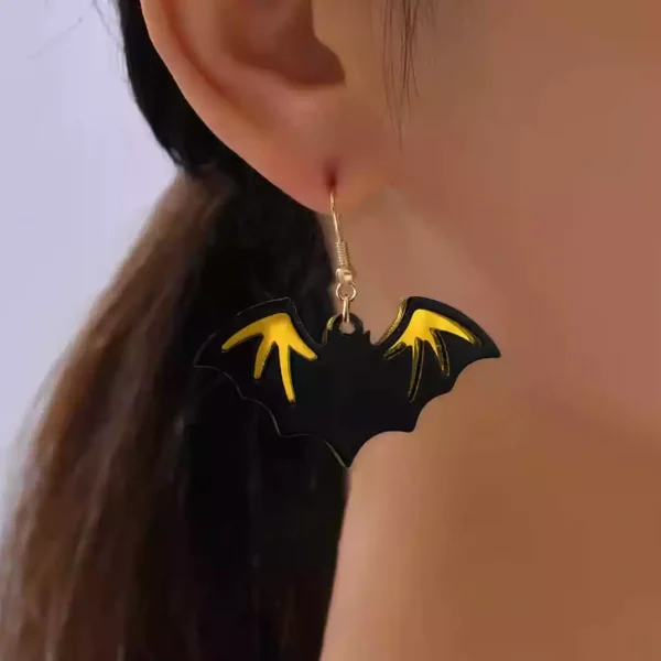 Yellow & black Gothic bat pendant earrings #004