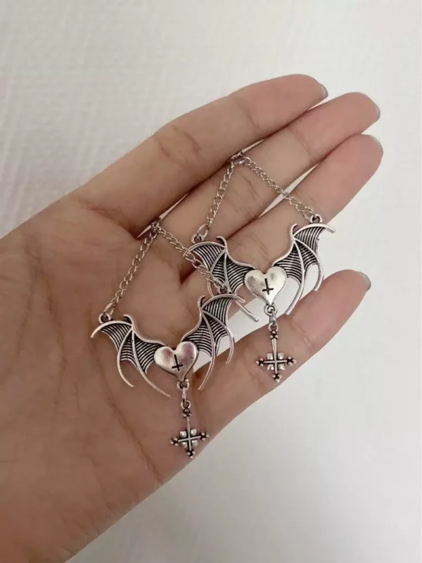 Silver Gothic bat earring with heart and cross #010 - Image 2