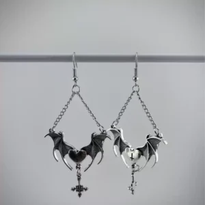 Silver Gothic bat earring with heart and cross #010