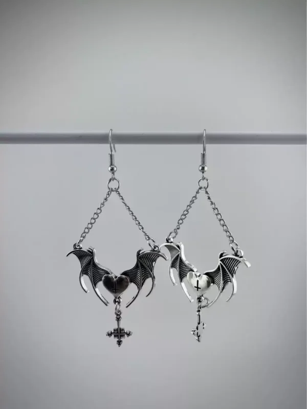 Silver Gothic bat earring with heart and cross #010